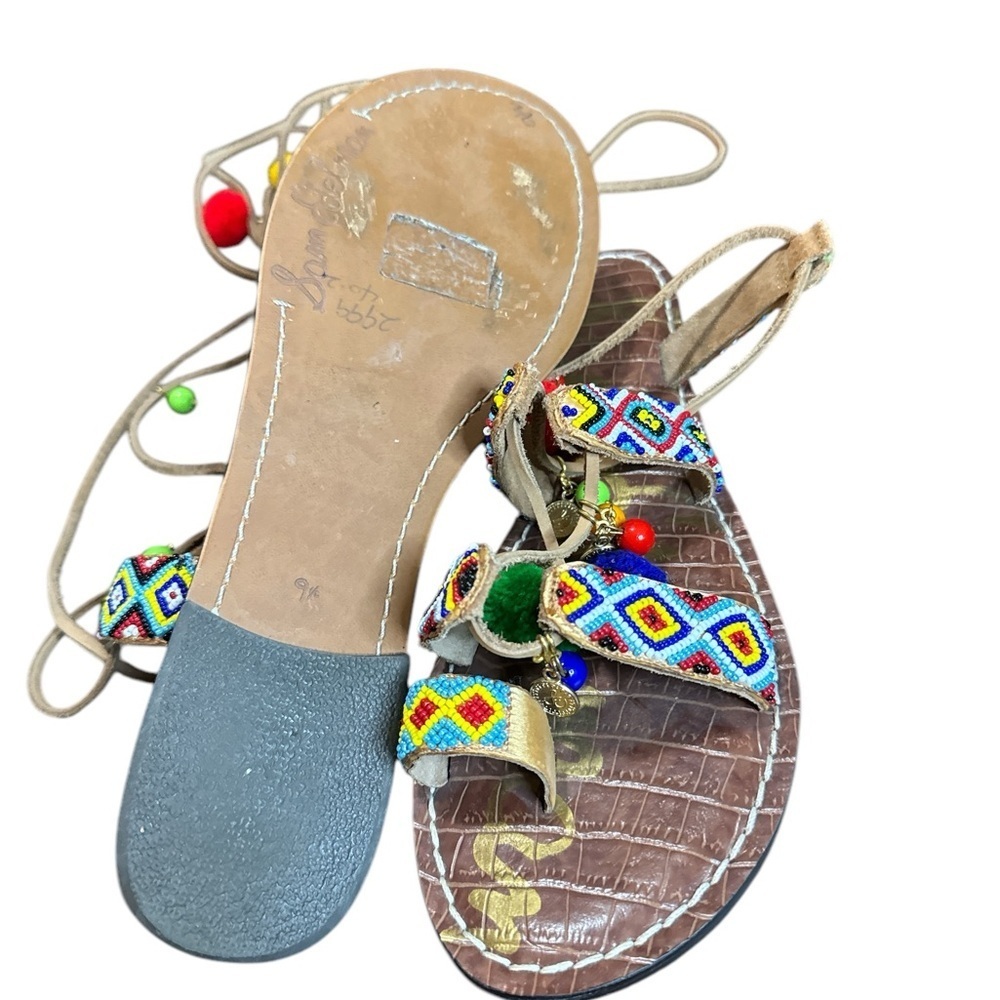 Sam Edelman Lisabeth Lace Up Beaded Pompom Colorful Summer Spring - Picture 4 of 6